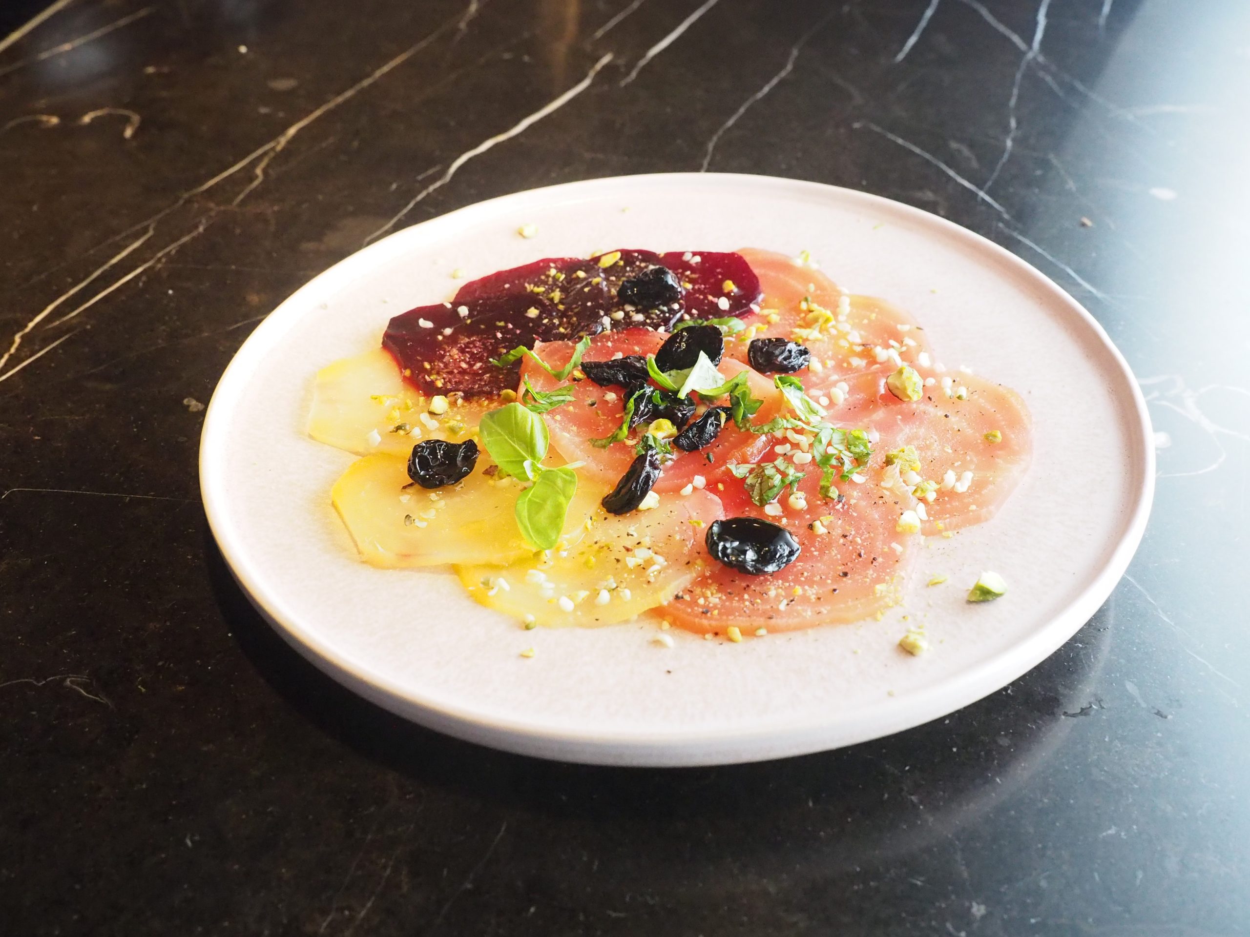 Beetroot carpaccio with oven-dried grapes